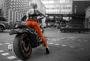 motorcycle, girl, model, blonde, city, road, ass, jeans, high heels, legs,  ...