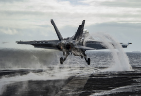 Boeing FA-18E Super Hornet, american carrier-based bomber, United States Navy, taking off from aircraft carrier deck, F-18