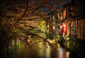 Kyoto, evening, night, Kyoto streets, Japanese city, lights, Japan