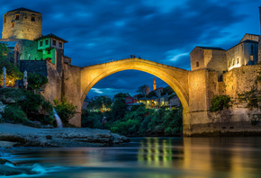 Mostar, Neretva River, evening, sunset, stone bridge, river, landmark, Bosn ...