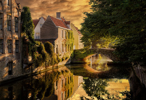 Bruges, stone bridge, evening, sunset, brick buildings, Brugge, cityscape, Belgium