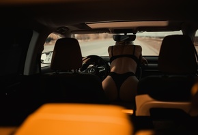 women, Alexander Belavin, black lingerie, ass, women with cars, back, brunette, car