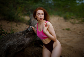 women, redhead, belly, red lipstick, women outdoors, tank top, panties