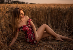 women, blonde, red dress, women outdoors, sitting, long hair, brunette, bare shoulders