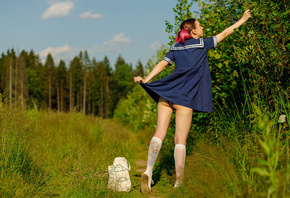 women, pigtails, dyed hair, blue dress, handbags, ass, panties, women outdoors, trees, tattoo, white stockings, sky, clouds, shoes