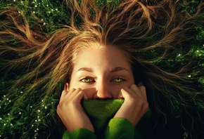 girl, grass, hair, face, hand