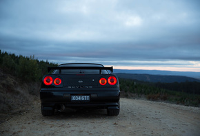 nissan skyline, R34, road, car, black car, nature