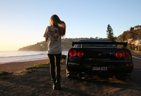 nissan skyline, R34, road, car, black car, nature, girl, blonde, beach