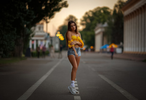 women, brunette, road, trees, sneakers, white socks, bare shoulders, jean shorts, women outdoors, bokeh