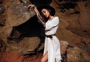 women, brunette, tattoo, women outdoors, hat, belt, white dress, red nails, ...