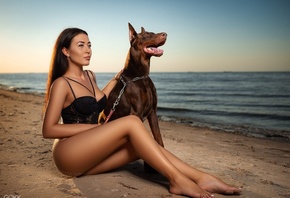 women, Sergey Gokk, sitting, beach, sand, sea, dog, black lingerie, ass, sand covered, sky, women outdoors, chains, brunette, animals