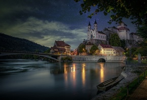 Castle Of Aarburg, Switzerland, Church, Night, Reflection, River, Stars, Bridge