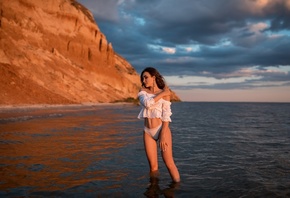 women, brunette, women outdoors, white clothing, belly, sky, clouds, sea, p ...