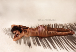 women, Aleksandr Semanin, bikini, ass, shadow, wet body, wet hair, brunette, lying on front