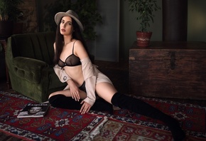 women, sitting, black lingerie, hat, plants, magazine, see-through lingerie ...