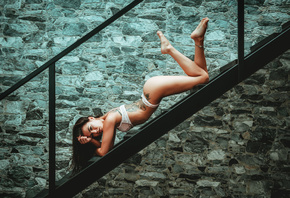 women, stairs, ass, brunette, tattoo, wall, arched back, white lingerie, re ...