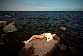 women, rocks, sea, bodysuit, brunette, ass, women outdoors, sky, clouds