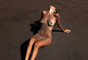 casey james, brunette, sand, sea, nude, beach, tanned, tits, nipples, boobs ...