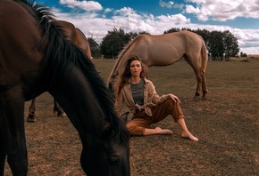 women, sitting, grass, sky, clouds, horse, animals, women outdoors, trees, pants, shirtT-shirt