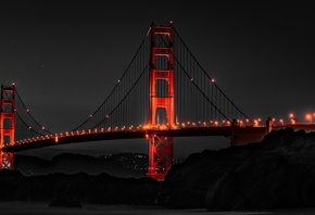 Golden Gate, Bridge, Night, Monochrome, Dark, background, Illuminated, San Francisco