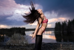 women, Anton Vladimirovich, lingerie, black stockings, women outdoors, ribs, water, reflection, sky, clouds, nose ring, closed eyes