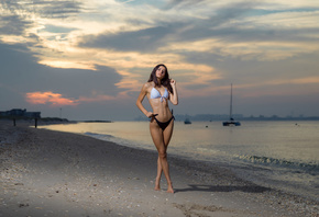 women, beach, bikini, sunset, sky, clouds, sea, sand, belly, women outdoors ...