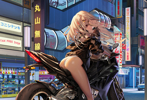 destiny child, game, game girl, motorcycle, city, street, leather jacket, panties, white panties, lingerie, blonde, glasses