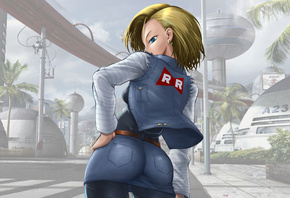 android number 18, Red patrol, dragon ball z, blonde, ass, denim skirt, cit ...