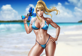 samus aran, metroid, games, games girl, beach, blonde, bikini, blue bikini, water gun, boobs, belly, hips, blue eyes, beautiful game girl