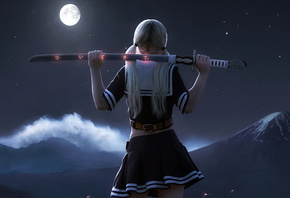 babydoll, 3d girl, night, moon, samurai sword, miniskirt, girl, White hair, katana