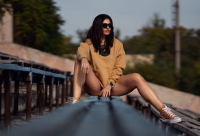 women, sitting, watch, sneakers, sunglasses, sweater, brunette, women outdo ...