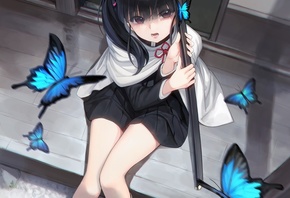 tsuyuri kanao, kimetsu no yaiba, Demon Slayer, saber, katana, manga, anime girl, butterfly, blue butterflies, boots, dress, door, black hair