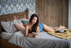 women, blue bra, in bed, pillow, books, jean shorts, cup, women indoors, necklace, eyeliner