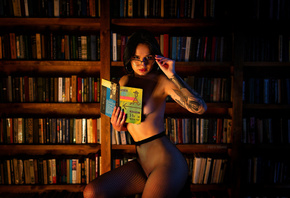 women, fishnet, boobs, books, tattoo, women indoors, glasses, hoop earrings ...