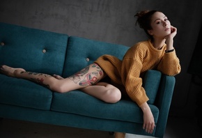 women, black panties, couch, women indoors, tattoo, sweater, eyeliner, sitt ...