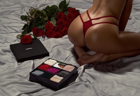 women, kneeling, ass, red panties, brunette, roses, back