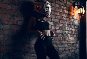 brunette, helmet, model, wall, lamp, belly, belly button, pants, top