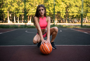 women, basketball court, sportswear, ball, women outdoors, sneakers, trees, squatting, belly, brunette