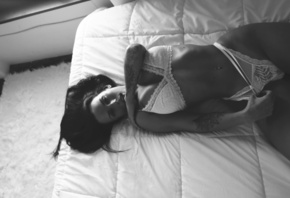 Kayla Lauren, model, tattoo, in bed, bed, lingerie, white panties, white bra, belly, belly button, pierced navel, monochrome, boobs