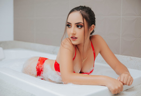 women, red lingerie, soap, bathtub, women indoors, looking away, make up, kneeling