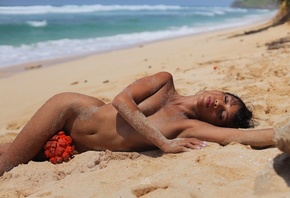 women, Murbo Dagldian, nude, belly, beach, sand, sea, closed eyes, strategi ...