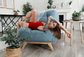 women, bodysuit, tattoo, women indoors, plants, looking at viewer, gray eyes, cleavage, pink nails, bust