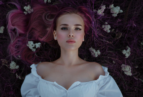 women, face, portrait, dyed hair, bare shoulders, purple hair