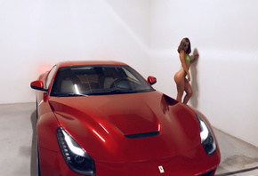 women, Alexander Belavin, Ferrari, sunglasses, green bikini, brunette, car, wall, women indoors, women with cars, ass