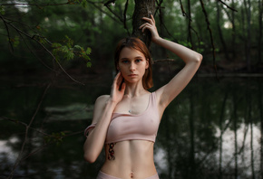 women, trees, tattoo, women outdoors, nature, nipples through clothing, blue eyes, belly, water, redhead, portrait, necklace, freckles, forest