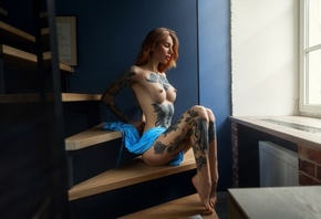 women, Aliona German, stairs, sitting, nude, tattoo, window, women indoors, ...