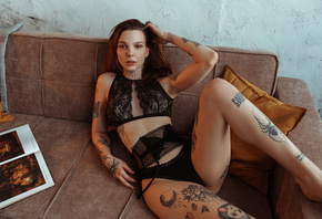 women, Ilya Dushutin, tattoo, couch, black lingerie, see-through lingerie,  ...