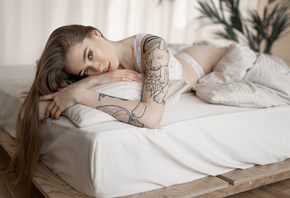 women, white lingerie, tattoo, mattresses, long hair, women indoors, curtain