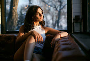 brunette, women, window, model, jean shorts, T-shirt, sitting, couch, trees