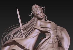 CGI, 3D, sculpture, women, Asian, weapon, sword, long hair, dress